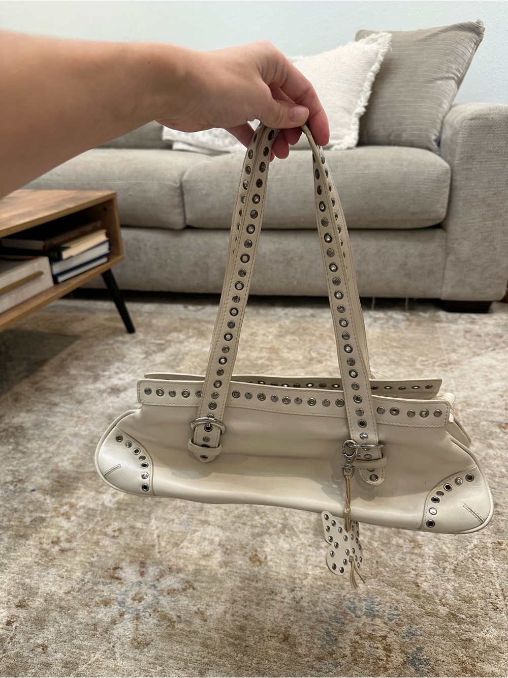 Cream Italian Studded Leather Hobo Shoulder Bag